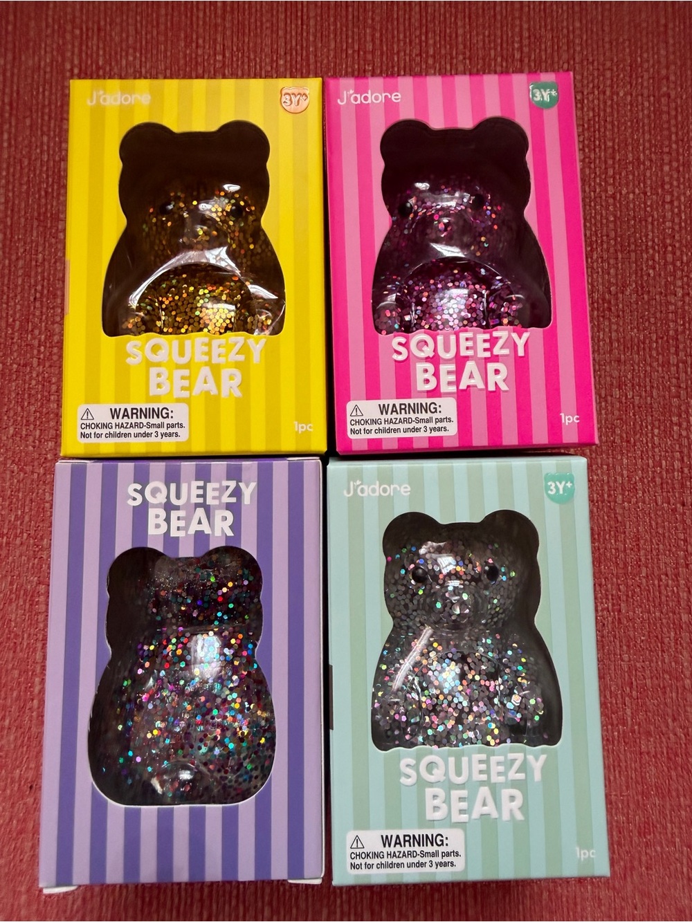 All 4 New J'adore Squeezy Bear Squishy Glitter Sensory Squeeze Squish Toy Purple